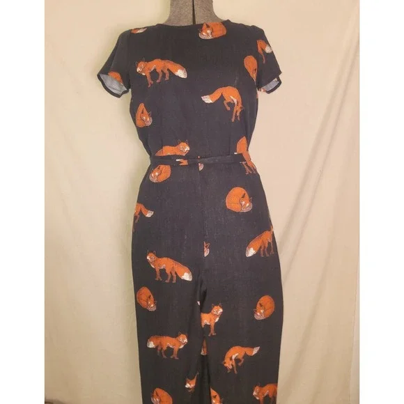 Modcloth‎ Red Fox Jumpsuit Romper Cropped Pant Tie Waist Navy Linen XS Funky - Picture 3 of 14